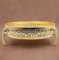 Carved Elephant Thali 10 Inch 830g - Handcrafted Brass Decorative Bowl