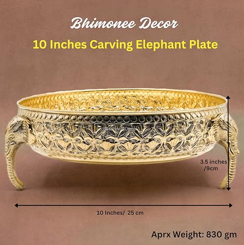 Carved Elephant Thali 10 Inch 830g - Handcrafted Brass Decorative Bowl
