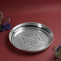 Etching Halwa Plate for Pooja & Serving | Silver Finish Decorative Sweet & Prasad Plate | Traditional Temple Home Mandir Festive Use | 22.6 cm Diameter