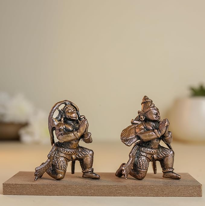 Leg Down Garuda Hanuman Set 1.5-Inch 110gm | Handmade Copper Idol Patina Antique Finish Mini Temple Murti for Pooja Ghar