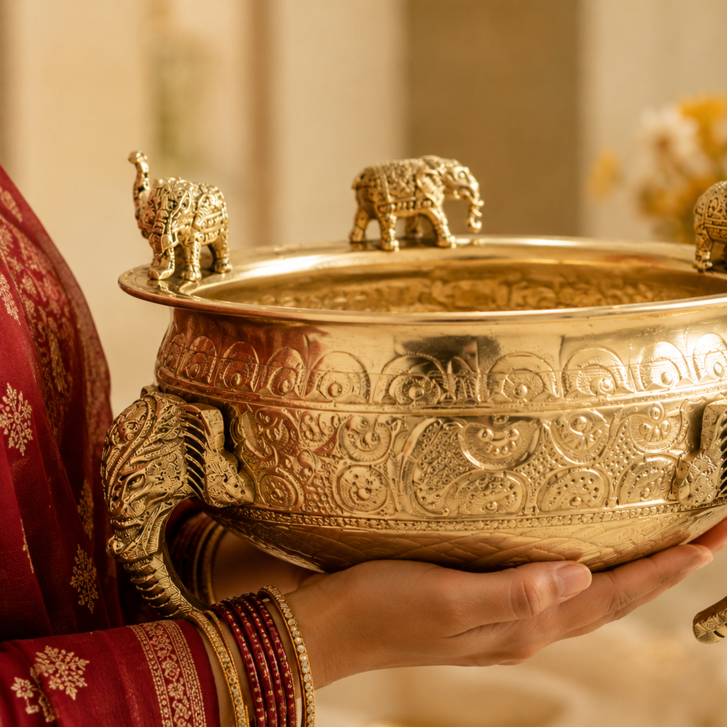 Elephant Carving Urali Bowl 6" | 570 gm Decorative Brass Bowl & Platter | Home Decor, Pooja & Gifting | Brass | Gold
