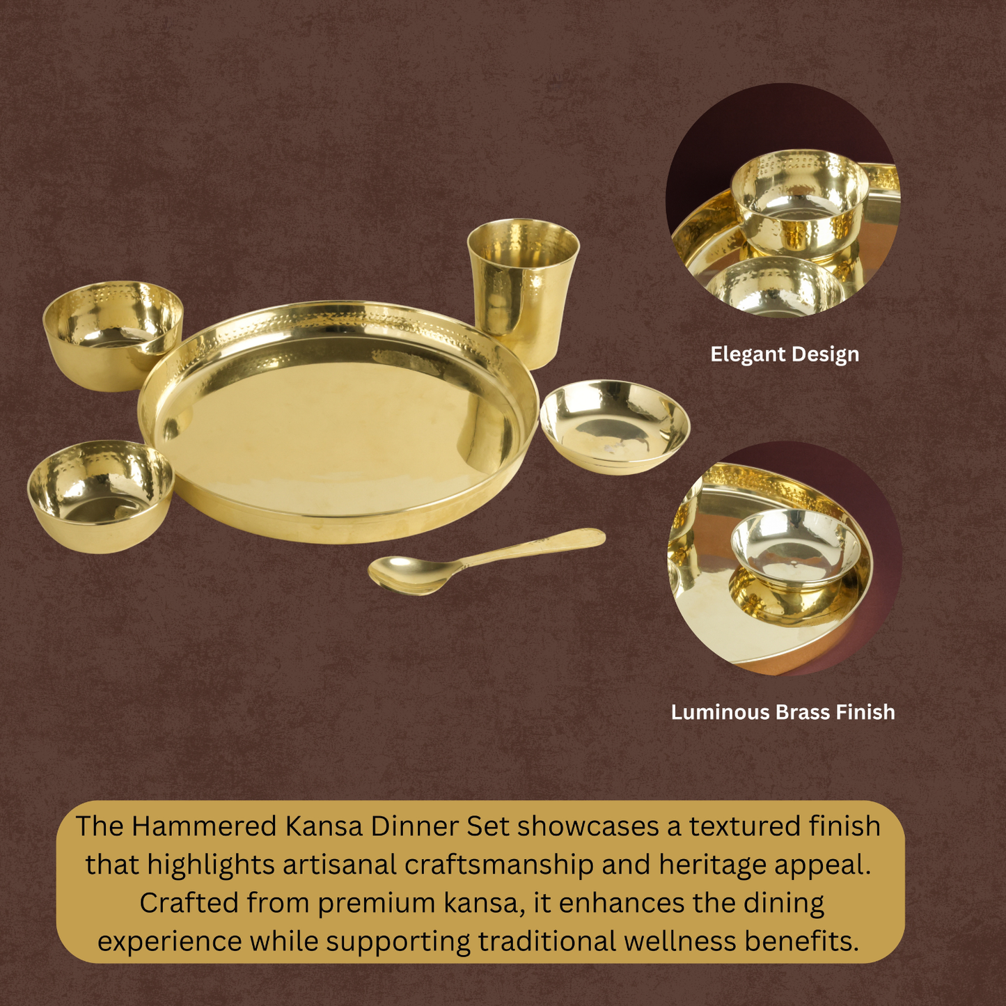 Hammered Kansa Thali Set 6Pcs - 1 Thali, 1 Glass, 2 Bowls, 1 Chutney Bowl, 1 Spoon - Approx Weight (1600gm)