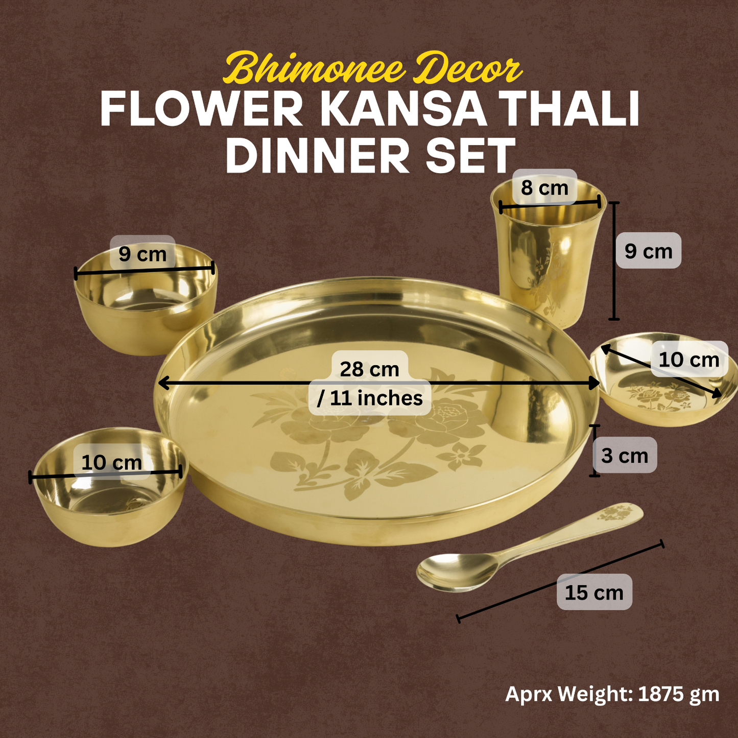 Flower Kansa Thali Set 6Pcs - 1 Thali, 1 Glass, 2 Bowls, 1 Chutney Bowl, 1 Spoon - Approx Weight (1875gms)