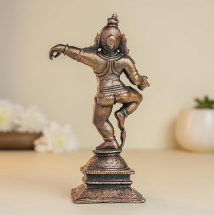 Dancing Krishna | 12 cm | 290gm Handmade Copper Idol | Antique Patina Finish | Lord Krishna Murti Statue | Pooja Mandir Home Decor Showpiece