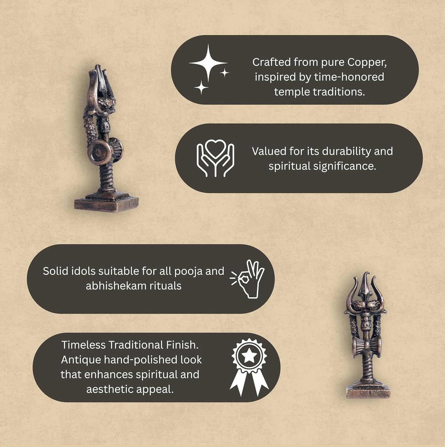 Trishul Damruga | 2-Inch - 30gm Handmade Copper Idol | Shiv Trishul with Damru for Pooja
