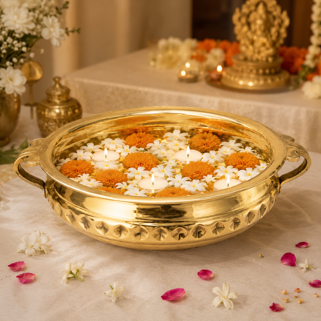 Diamond Carving Urali Bowl 10" | 740 gm Decorative Brass Bowl & Platter | Home Decor, Pooja & Gifting | Brass | Gold