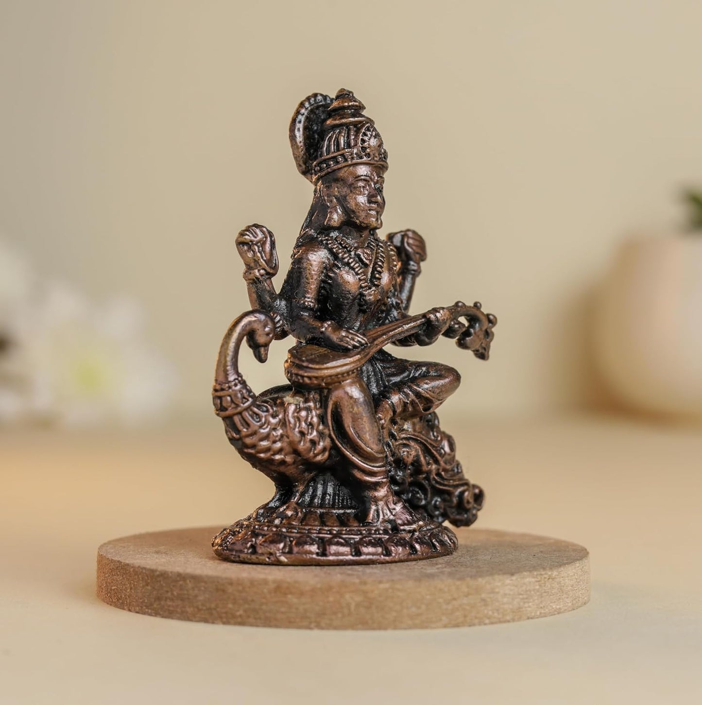 Swan Saraswati 90gm | 2-Inch Handmade Copper Idol | Patina Antique Finish | Saraswati Devi Murti for Pooja Ghar