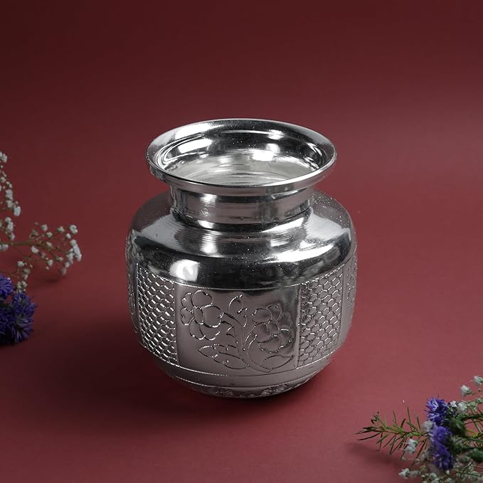 Design Flower Chambu for Pooja & Storage | Silver Finish Floral Etched Water Kalash Pot  | Size 12.7 cm Height