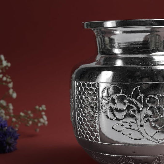 Design Flower Chambu for Pooja & Storage | Silver Finish Floral Etched Water Kalash Pot  | Size 12.7 cm Height