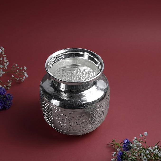 Design Flower Chambu for Pooja & Storage | Silver Finish Floral Etched Water Kalash Pot  | Size 12.7 cm Height