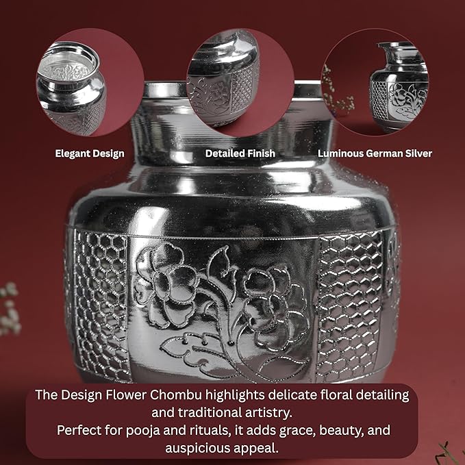 Design Flower Chambu for Pooja & Storage | Silver Finish Floral Etched Water Kalash Pot  | Size 12.7 cm Height