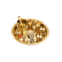 Brass Puja Thali Set | 8 Pcs Traditional Pooja Plate with Diyas, Bell, Kalash, Spoon & Bowls