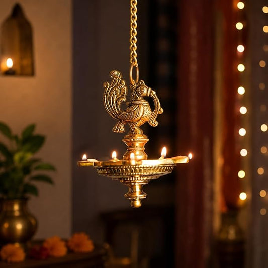 Brass Peacock Hanging Diya | 5-Wick | Antique Finish | Pack of 1