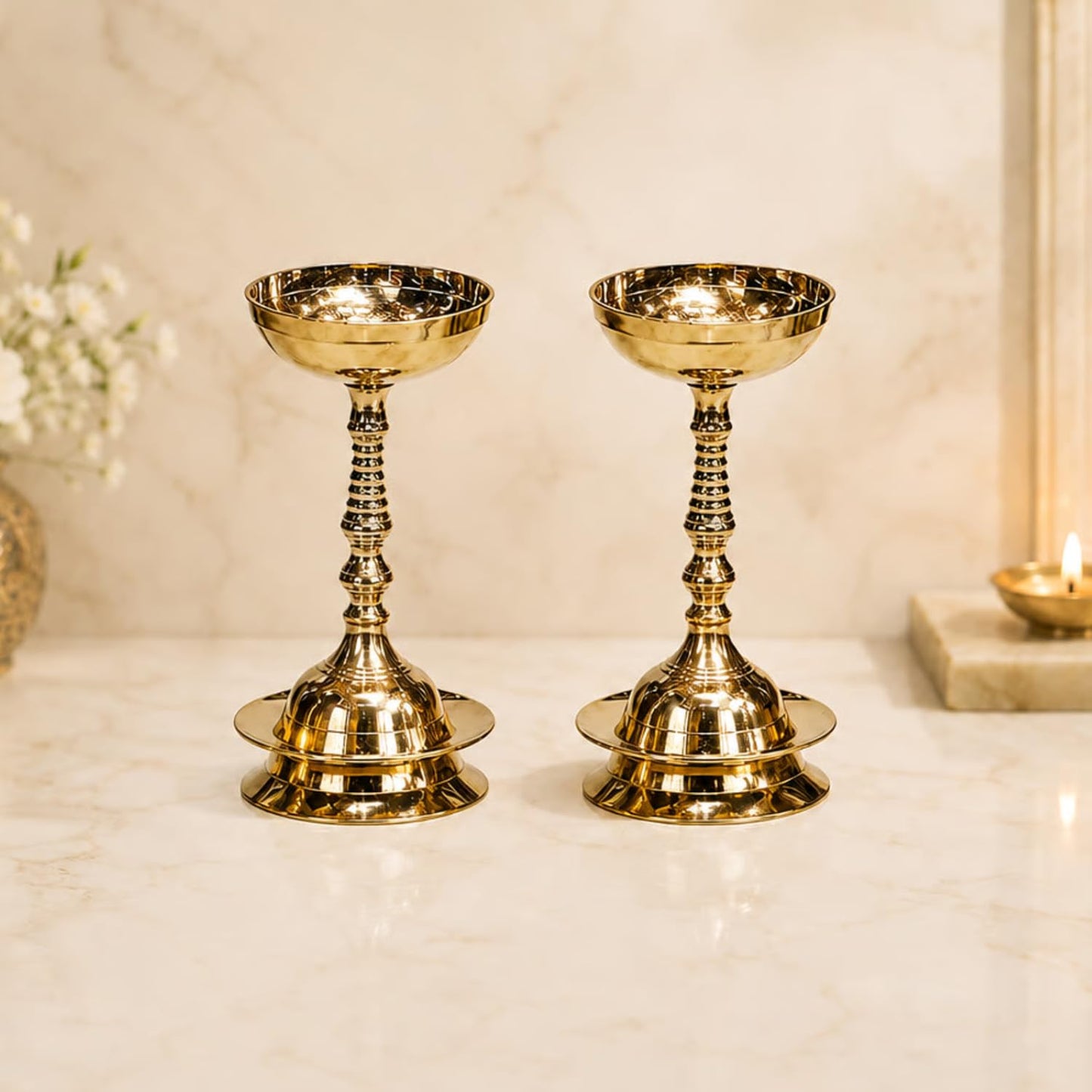 Pure Brass Plain Nanda Bowl Long Table Diya, 5.5 inches, Pack of 2 pcs (with Lavanga - 2pc)
