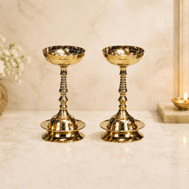 Pure Brass Plain Nanda Bowl Long Table Diya, 5.5 inches, Pack of 2 pcs (with Lavanga - 2pc)