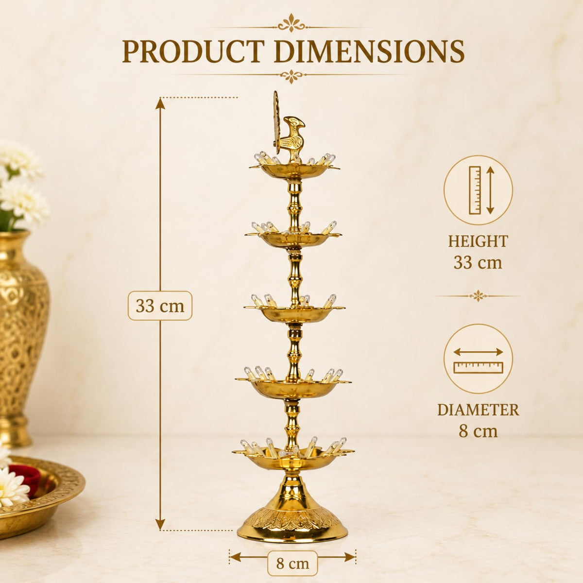 Pure Brass 5 Step Electric Gold Bulb Lights Diya | Deep | Deepak for Pooja | Puja | Mandir | Diwali Festival Decoration | Pair | with Golden Polish for no Colour Fading
