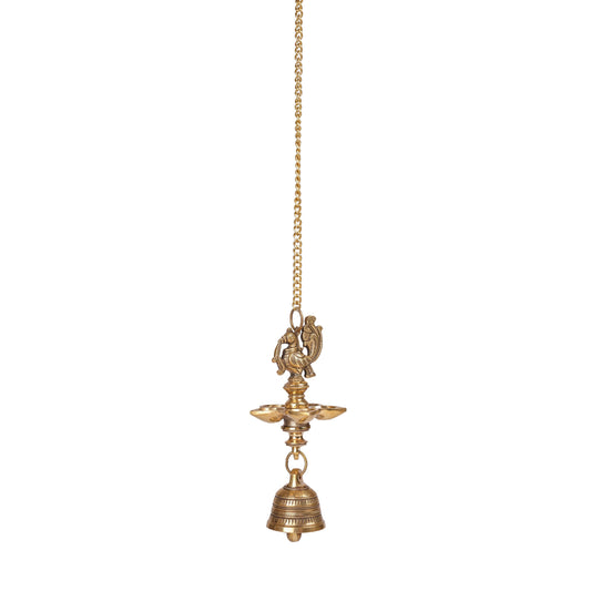 Brass Peacock Hanging Diya with Bell | 5-Wick | Antique Finish | Pack of 1