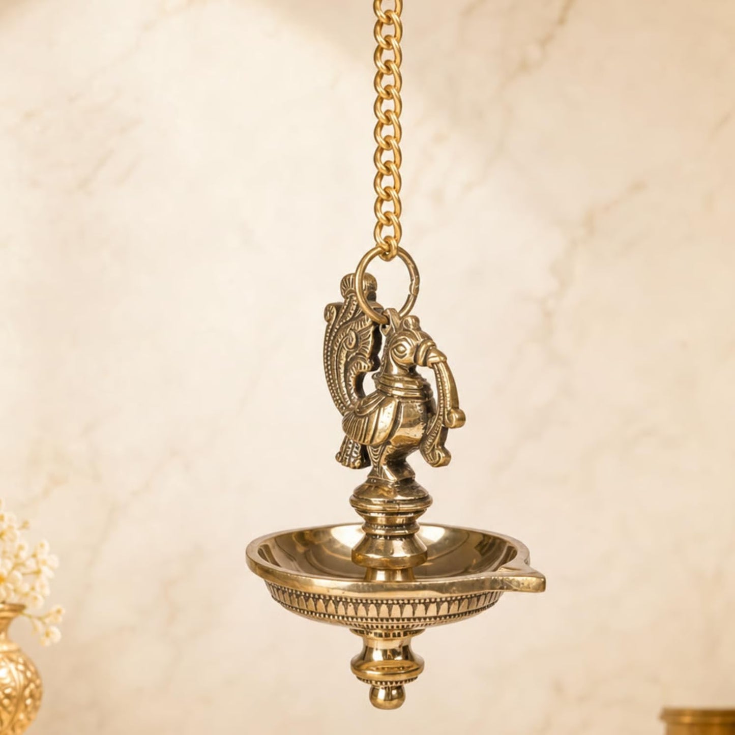 Brass Peacock Hanging Diya | 5-Wick | Antique Finish | Pack of 1