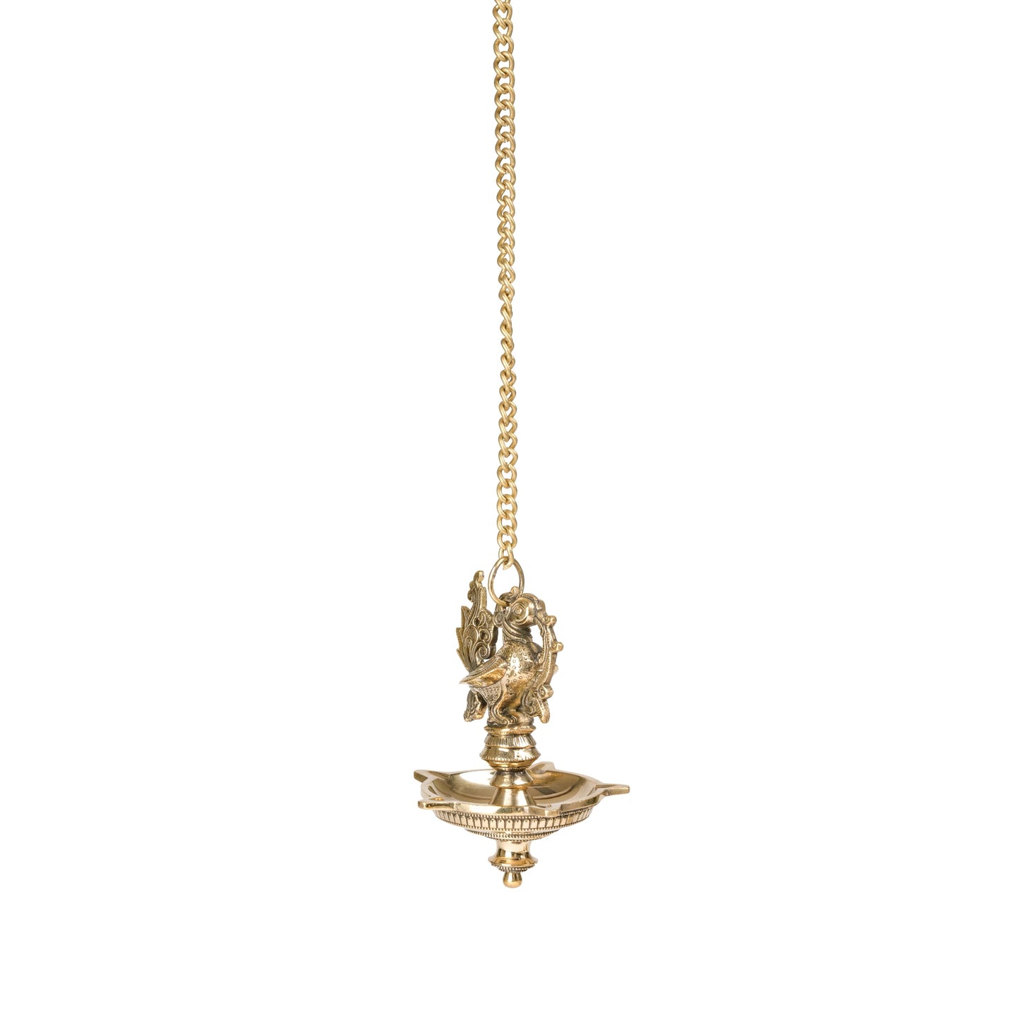 Brass Hanging Diya – Ethnic Peacock Design with 5 Oil Wicks (Medium, Pack of 1)