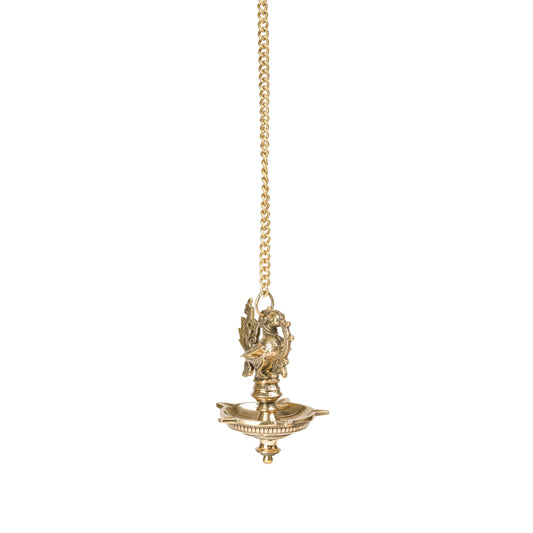 Brass Hanging Diya – Ethnic Peacock Design with 5 Oil Wicks (Medium, Pack of 1)
