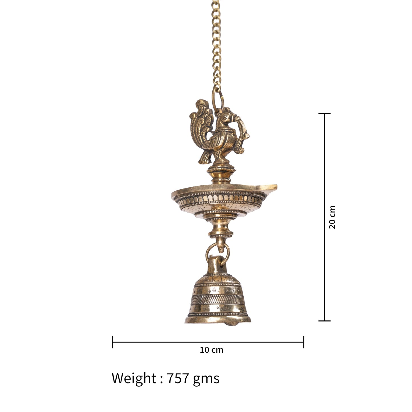 Handcrafted Brass Peacock Hanging Diya with Bell | 1-Wick | Antique Finis, Pack of 1