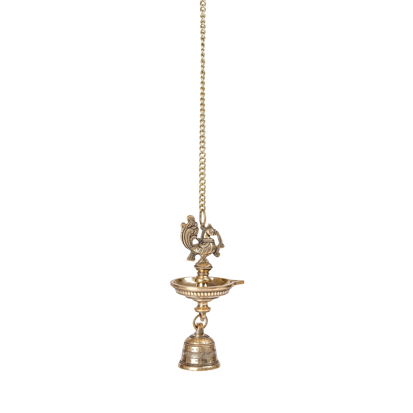 Handcrafted Brass Peacock Hanging Diya with Bell | 1-Wick | Antique Finis, Pack of 1