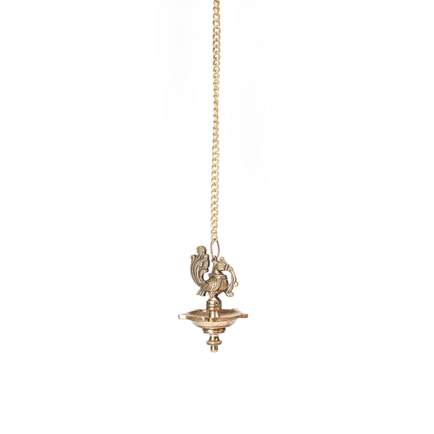 Brass Hanging Diya with Ethnic Peacock Design | 5 Oil Wick | Antique Finish