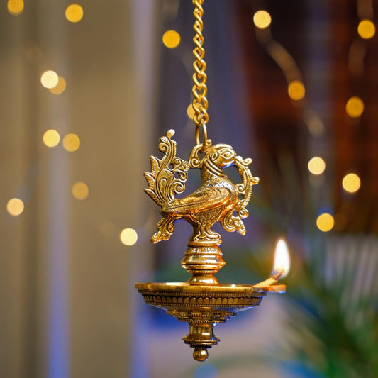 Brass Hanging Diya | Ethnic Big Peacock Design Oil Lamp (Medium, Pack of 1)