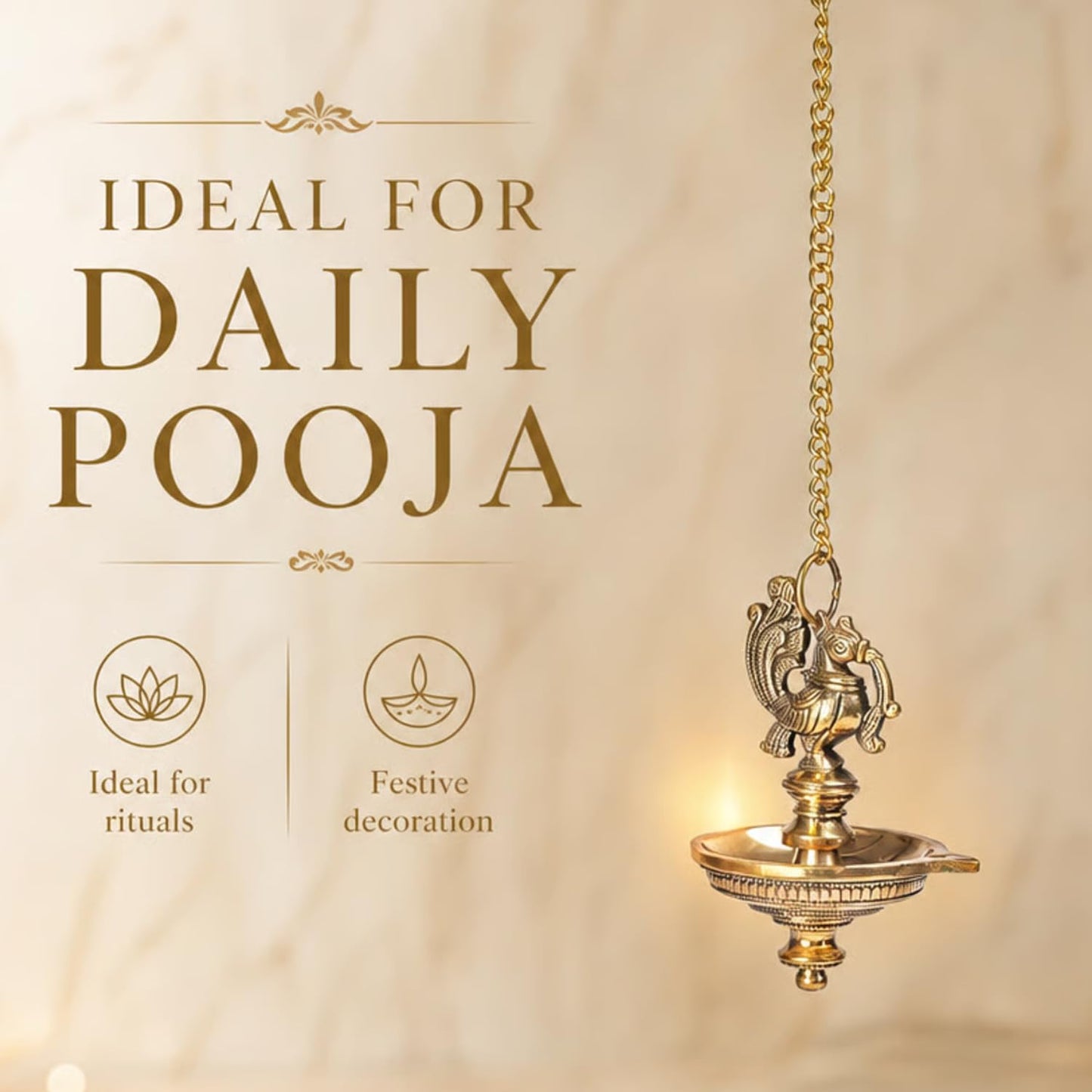 Brass Peacock Hanging Diya | 5-Wick | Antique Finish | Pack of 1