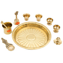 Brass Puja Thali Set | 8 Pcs Traditional Pooja Plate with Diyas, Bell, Kalash, Spoon & Bowls