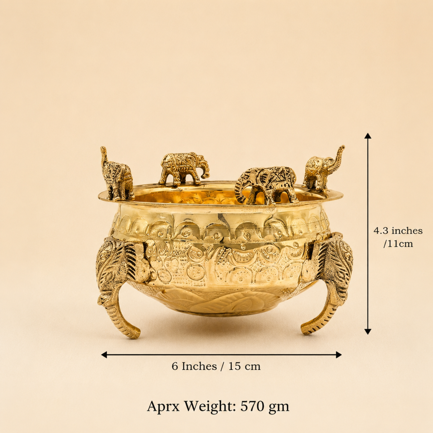 Elephant Carving Urali Bowl 6" | 570 gm Decorative Brass Bowl & Platter | Home Decor, Pooja & Gifting | Brass | Gold