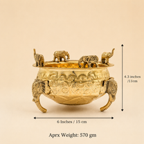 Elephant Carving Urali Bowl 6" | 570 gm Decorative Brass Bowl & Platter | Home Decor, Pooja & Gifting | Brass | Gold