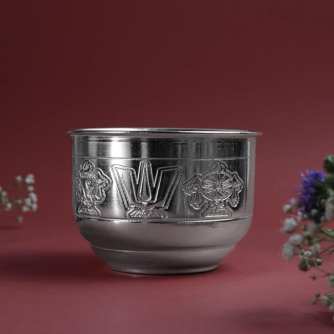 Etching SCN Metal Pooja | Traditional Mandir Ritual Vessel with Religious Embossed Design  | Silver Finish | 3 Inch