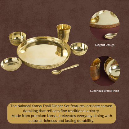 Nakashi Kansa Thali Set 6Pcs - 1 Thali, 1 Glass, 2 Bowls, 1 Chutney Bowl, 1 Spoon - Approx Weight (1680gm)