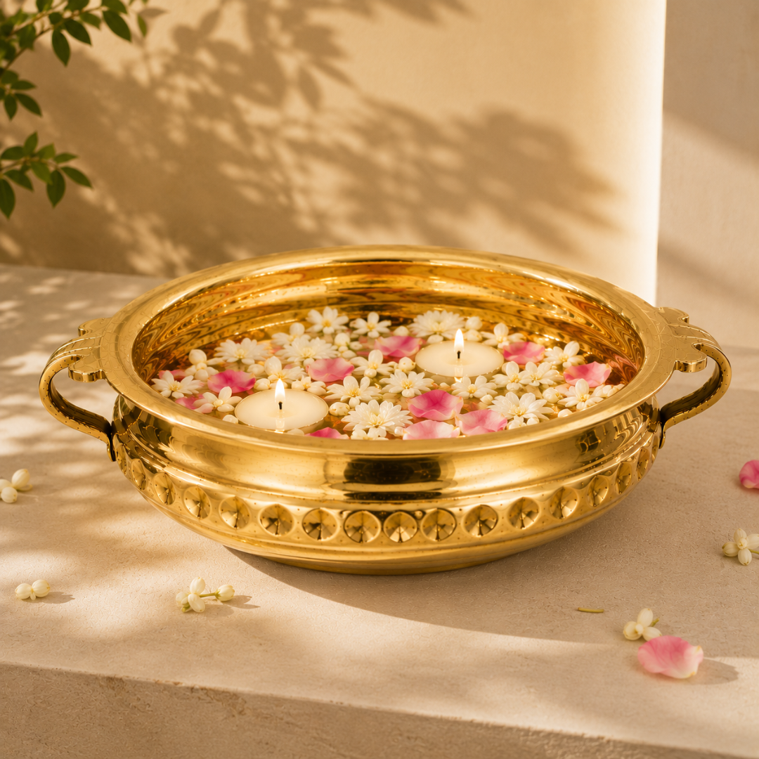 Diamond Carving Urali Bowl 10" | 740 gm Decorative Brass Bowl & Platter | Home Decor, Pooja & Gifting | Brass | Gold