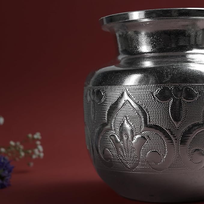 Design Embossed Chambu for Pooja & Ritual Use | Silver Finish Decorative Water Kalash Pot | Silver finish | Size 12.7 cm Height