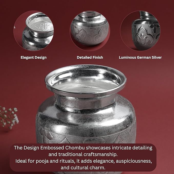 Design Embossed Chambu for Pooja & Ritual Use | Silver Finish Decorative Water Kalash Pot | Silver finish | Size 12.7 cm Height