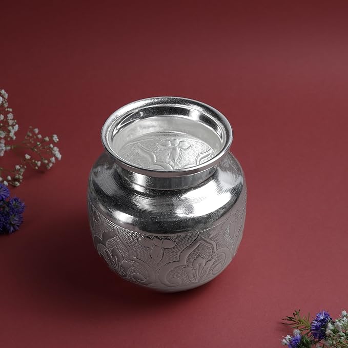 Design Embossed Chambu for Pooja & Ritual Use | Silver Finish Decorative Water Kalash Pot | Silver finish | Size 12.7 cm Height