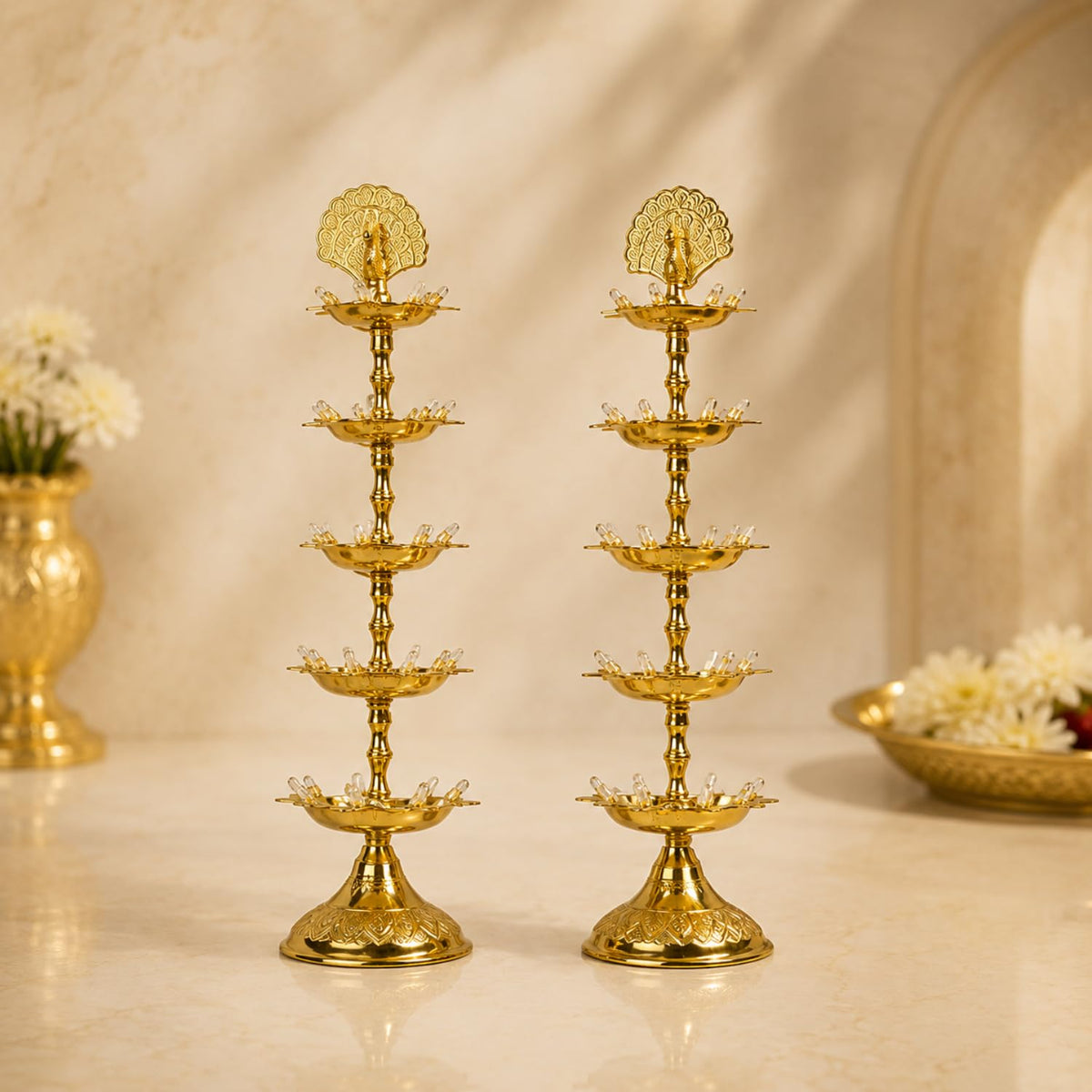 Pure Brass 5 Step Electric Gold Bulb Lights Diya | Deep | Deepak for Pooja | Puja | Mandir | Diwali Festival Decoration | Pair | with Golden Polish for no Colour Fading