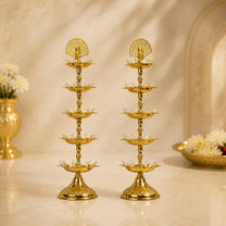 Pure Brass 5 Step Electric Gold Bulb Lights Diya | Deep | Deepak for Pooja | Puja | Mandir | Diwali Festival Decoration | Pair | with Golden Polish for no Colour Fading