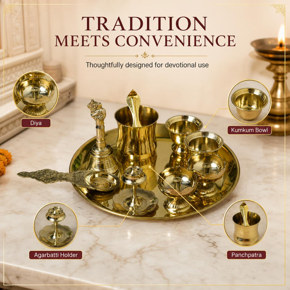 8-Inch Pure Brass Pooja Thali Set with Diyas, kumkum bowls, Aarti stand, Panchpatra with spoon, Karpoor aarti and Bell
