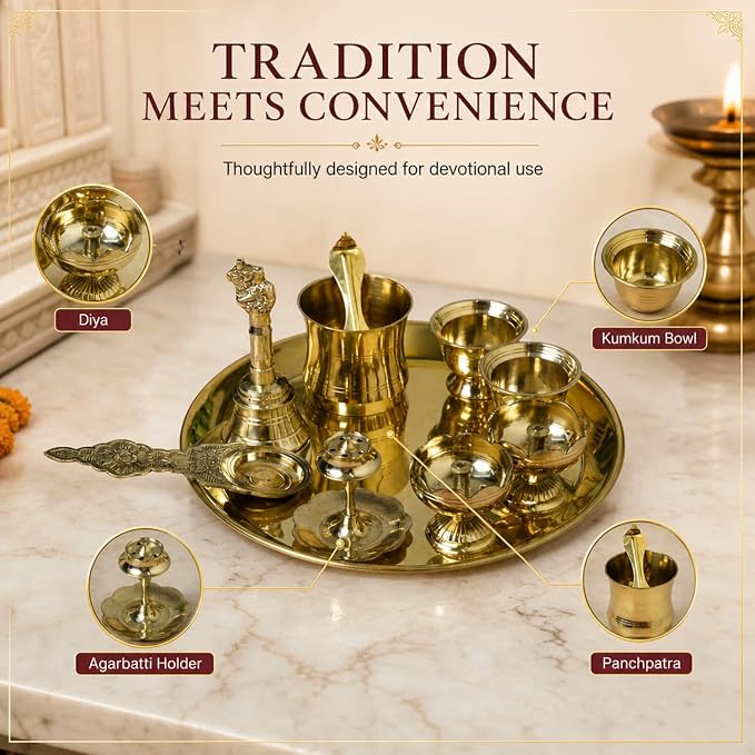 8-Inch Pure Brass Pooja Thali Set with Diyas, kumkum bowls, Aarti stand, Panchpatra with spoon, Karpoor aarti and Bell