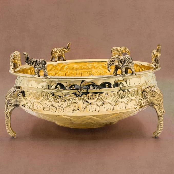 Elephant Carving Urali Bowl 10" | 1180 gm Decorative Brass Bowl & Platter