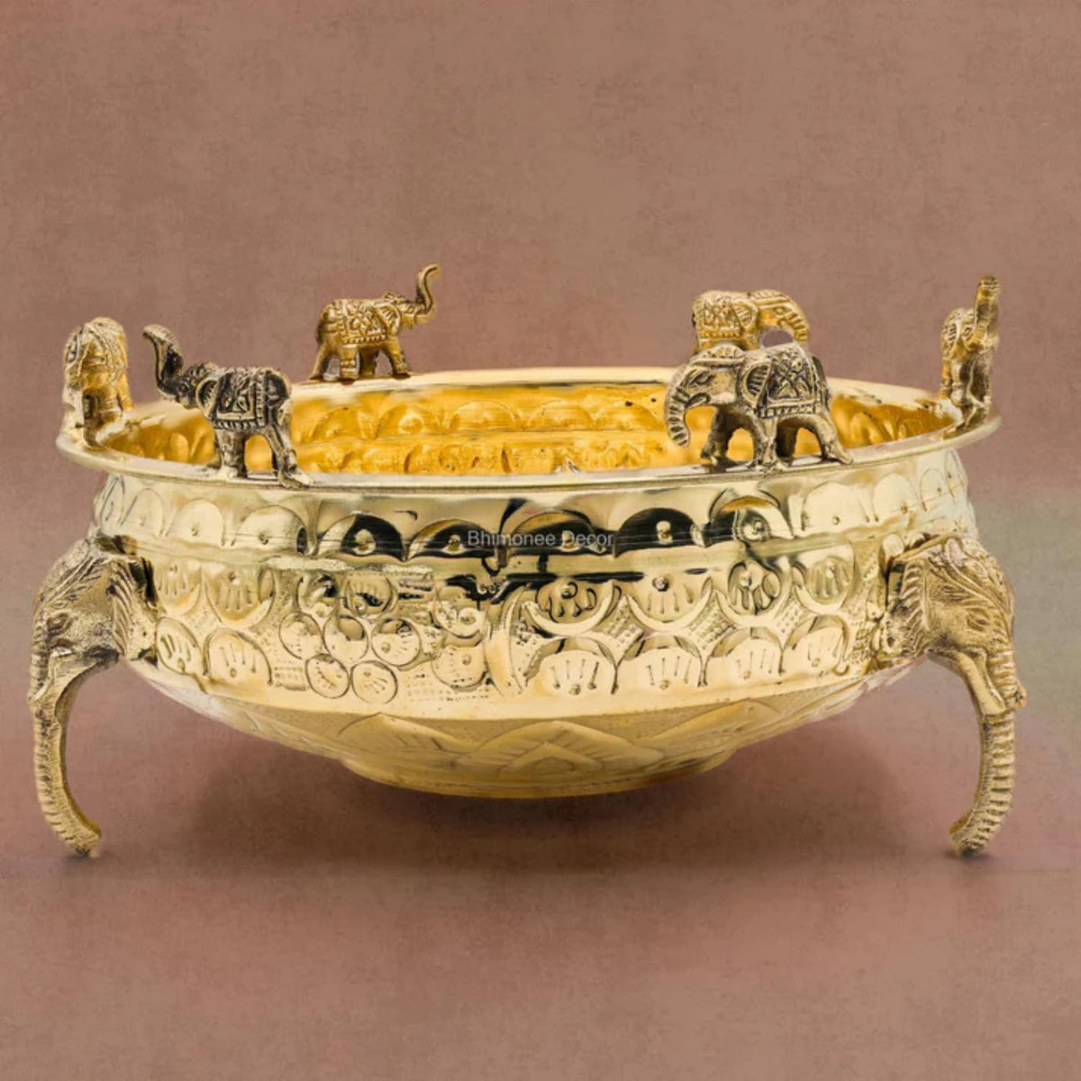 Elephant Carving Urali Bowl 10" | 1180 gm Decorative Brass Bowl & Platter