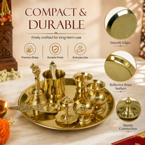 8-Inch Pure Brass Pooja Thali Set with Diyas, kumkum bowls, Aarti stand, Panchpatra with spoon, Karpoor aarti and Bell