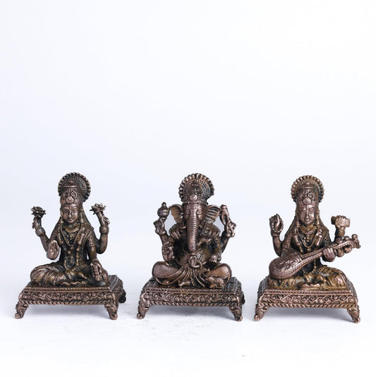 Peeta Lakshmi Ganesha Saraswati Idol Set | 180 gm,5 inches Brass Finish LGS Murti Combo