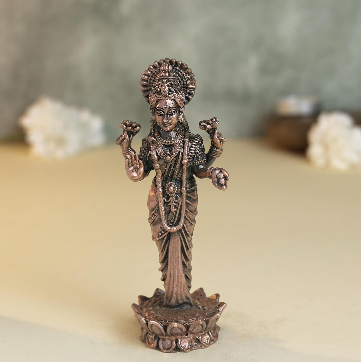 220 gm, 11 inches  Kamal Standing Lakshmi Idol | Antique Finish Metal Goddess Statue for Home Temple |