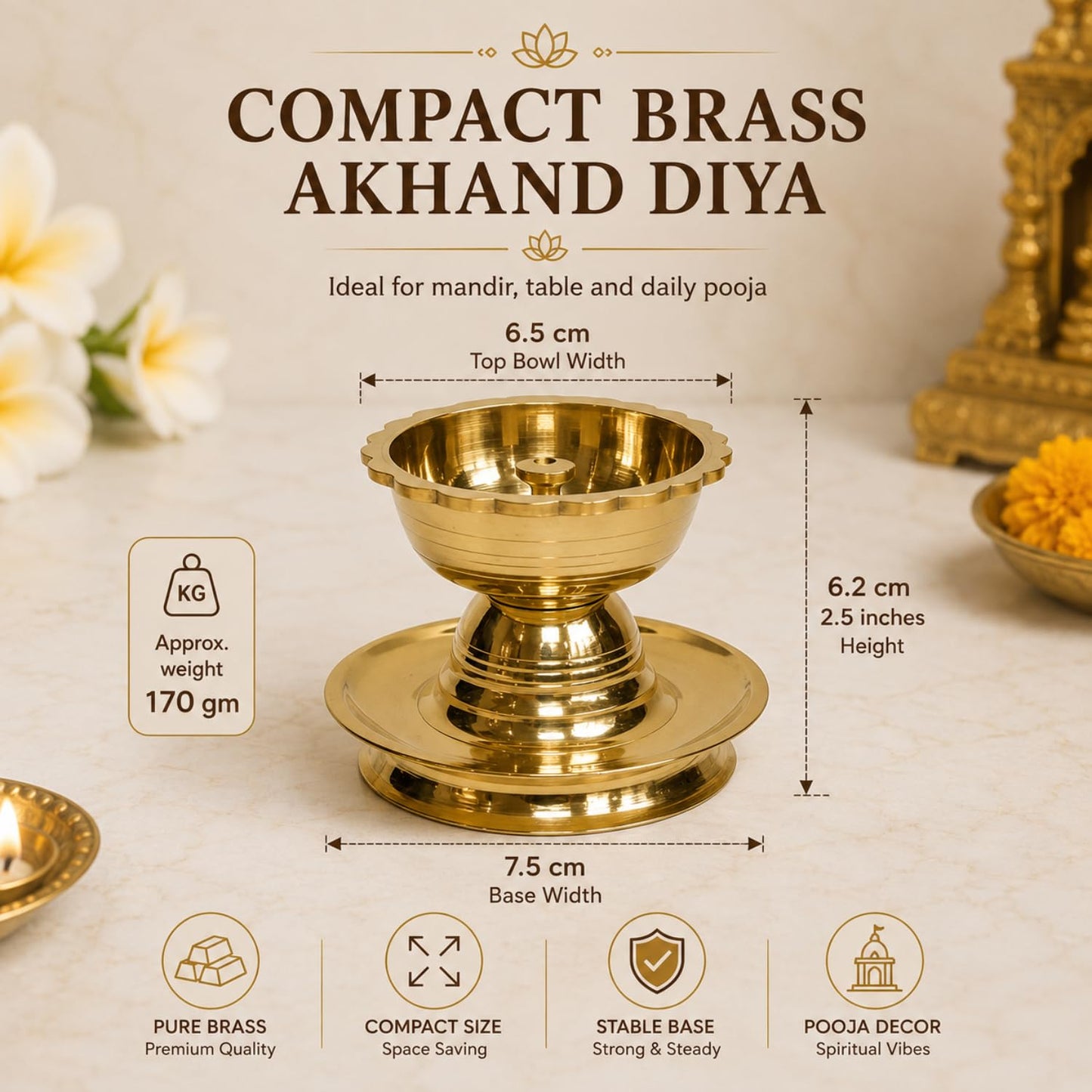 Pure Brass Akhand Diya | Handcrafted in India - 2.5 inches