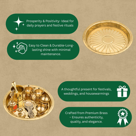 Brass Puja Thali Set | 8 Pcs Traditional Pooja Plate with Diyas, Bell, Kalash, Spoon & Bowls
