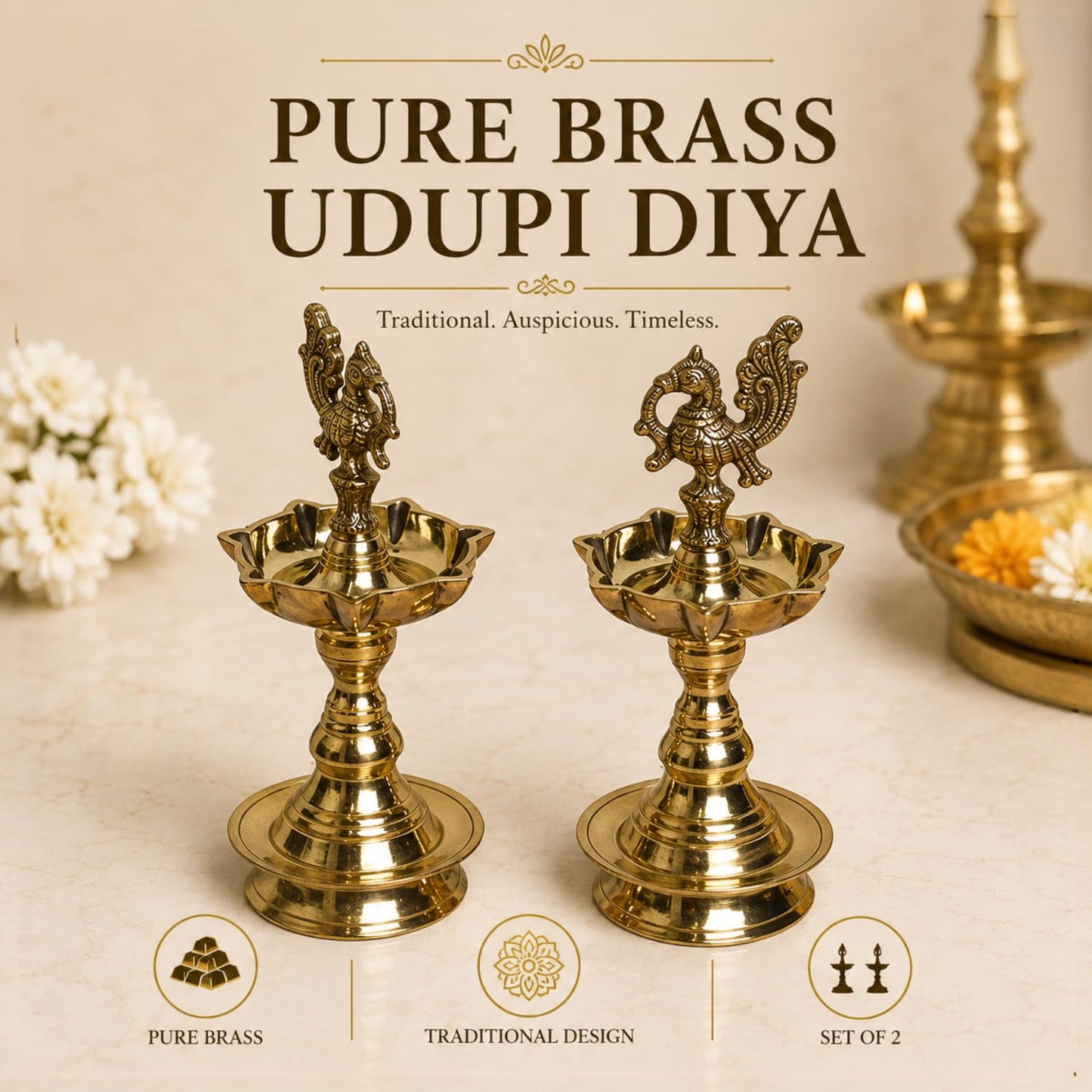 Pure Brass Udupi Diya with 7 Wicks – Murga Design, 4 Inches, Pack of 1 Pair